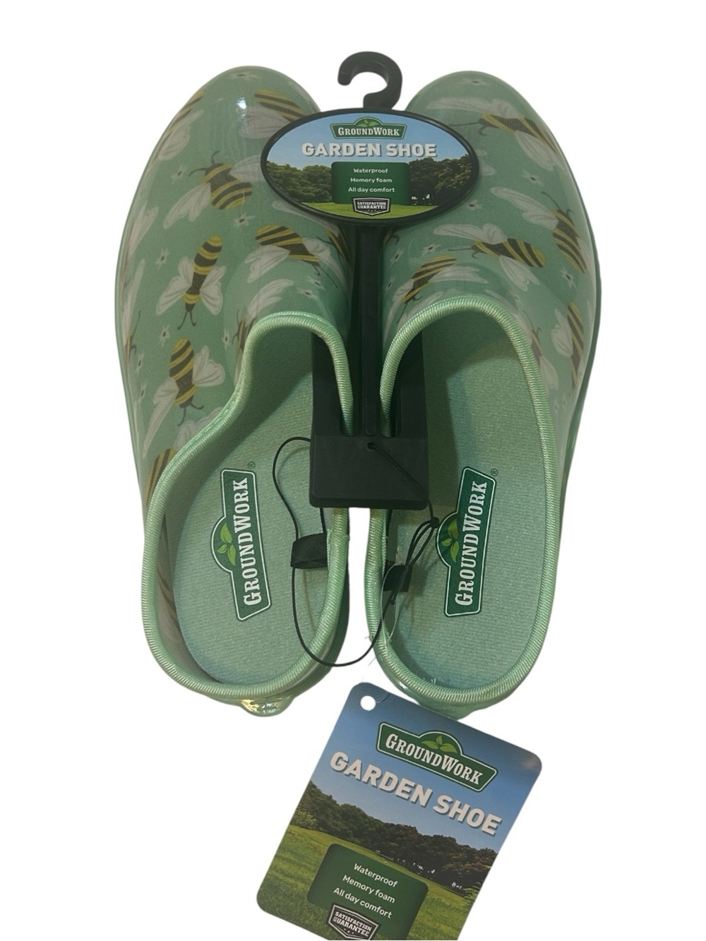 Bee Print Garden Shoes Waterproof Memory Foam Clog Mint Green Women’s Size 8 NWT